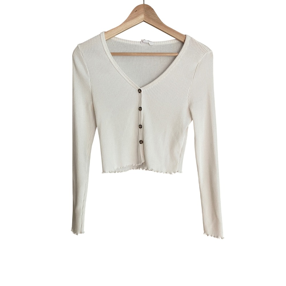 White Cardigan Women's Medium Live in the Moment Ribbed Cropped Coquette Cottage